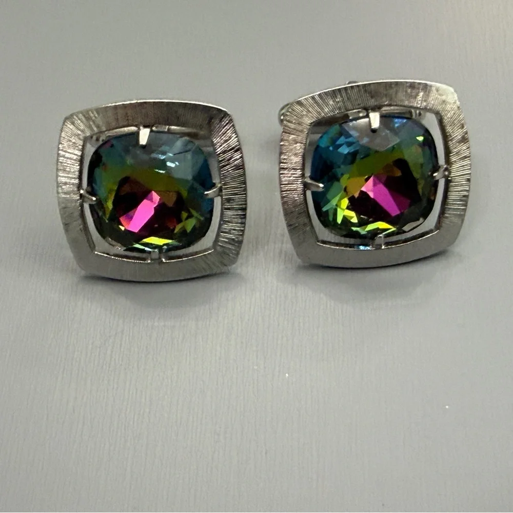 Vintage Anson Silver Set Watermelon Rhinestone Mid Century Modern Cufflinks